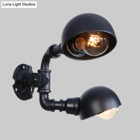 Industrial Style Black Wall Sconce Lamp With 2 Bulbs And Metallic Domed Design For Corridor