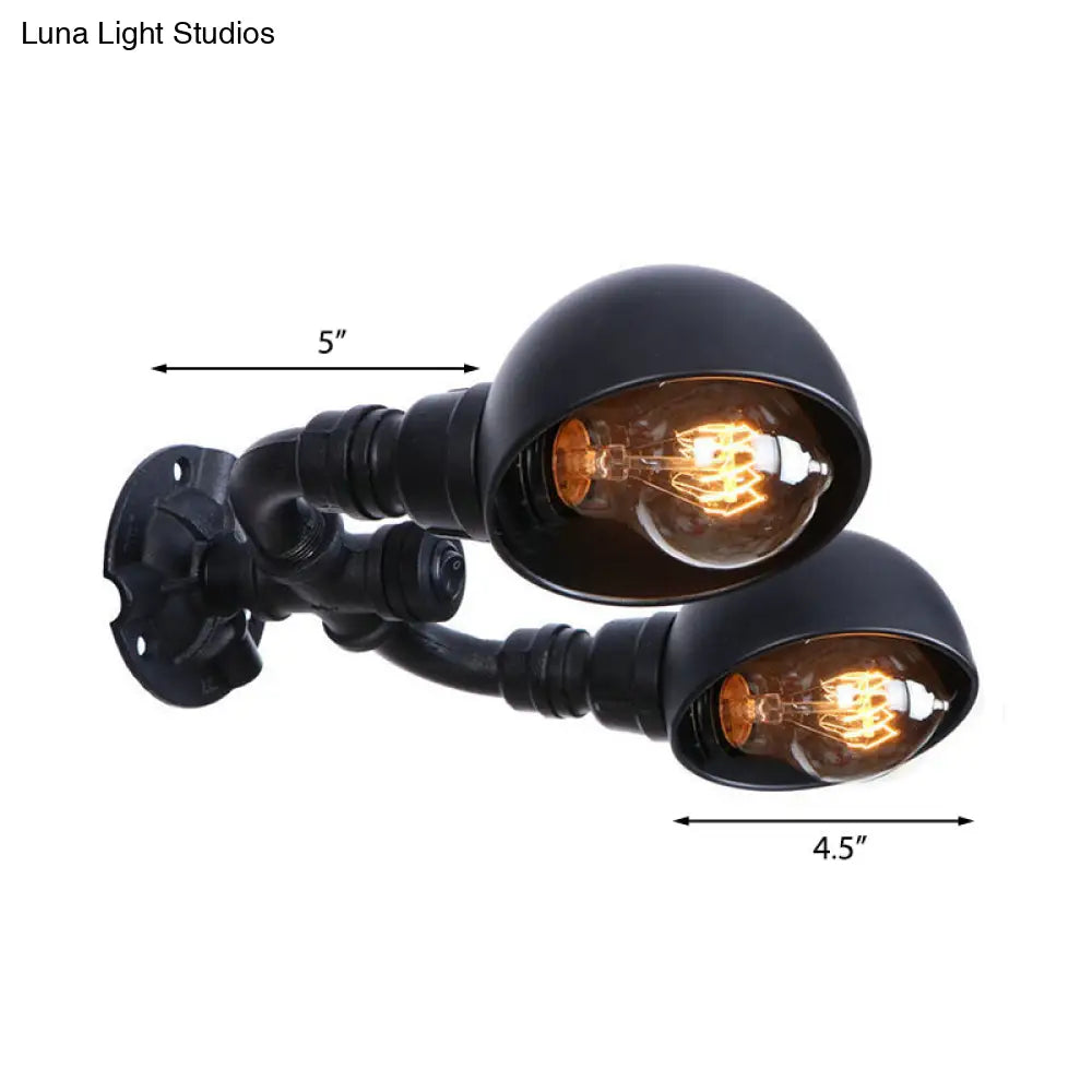 Industrial Style Black Wall Sconce Lamp With 2 Bulbs And Metallic Domed Design For Corridor