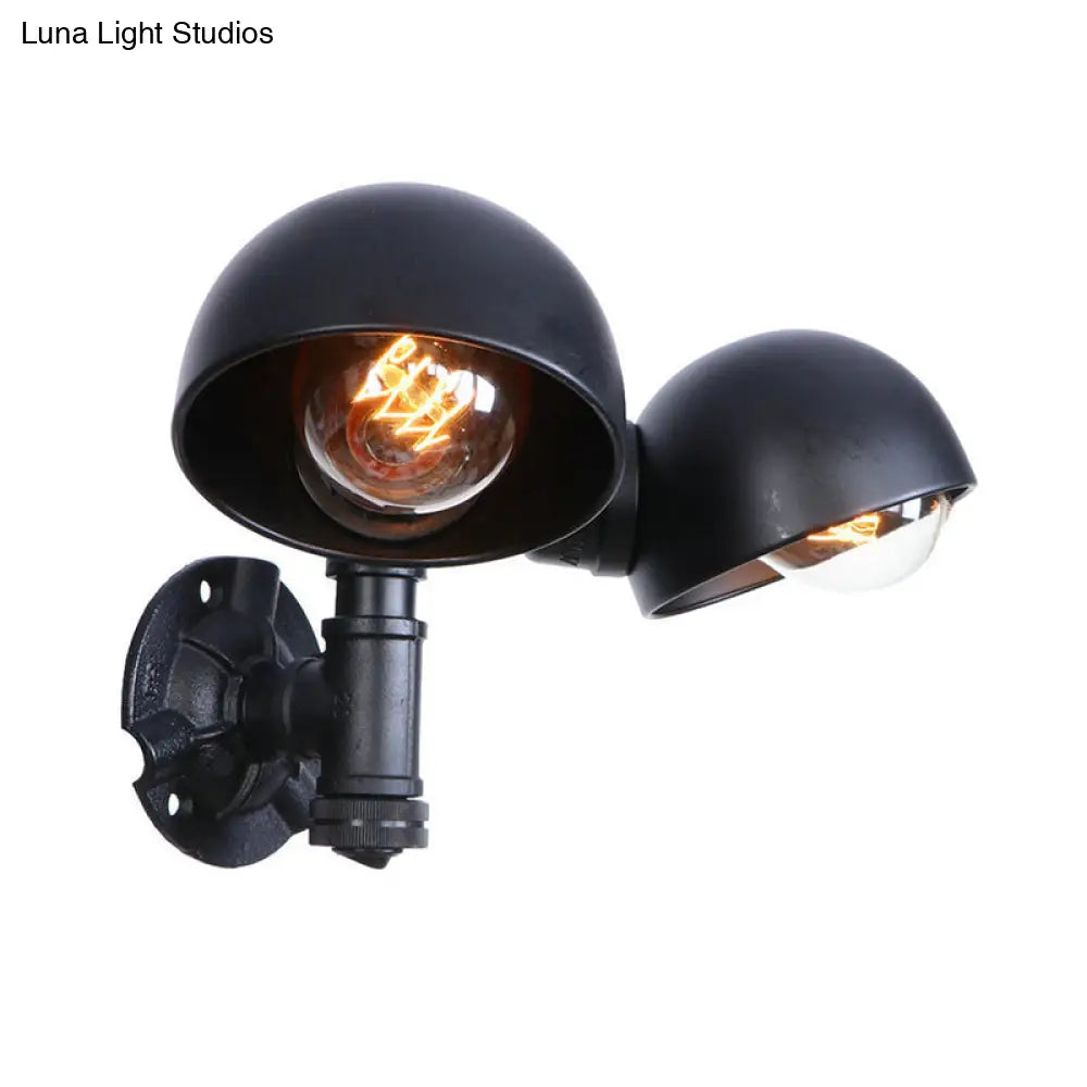 Industrial Style Black Wall Sconce Lamp With 2 Bulbs And Metallic Domed Design For Corridor