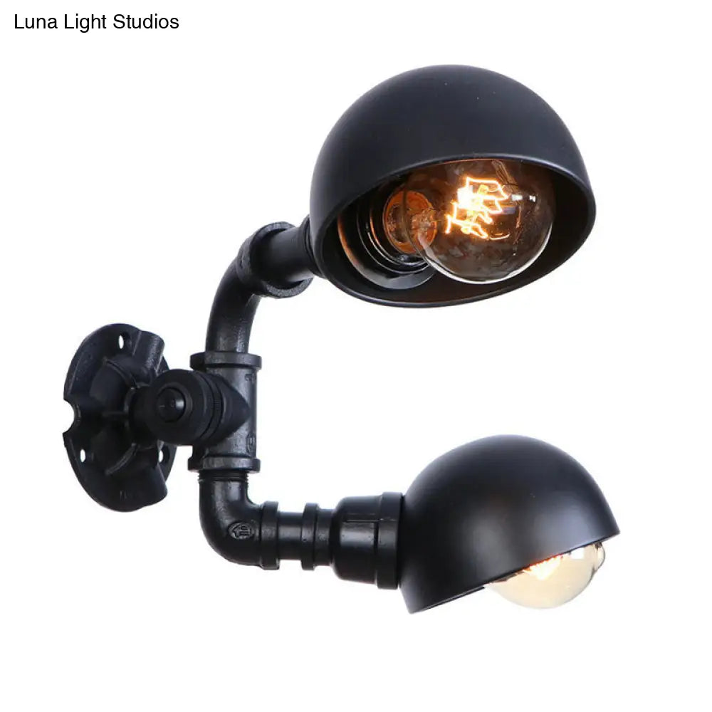 Industrial Style Black Wall Sconce Lamp With 2 Bulbs And Metallic Domed Design For Corridor