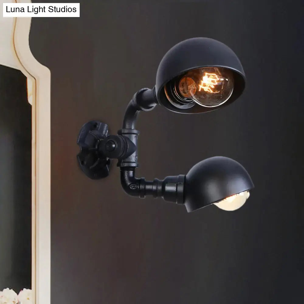 Industrial Style Black Wall Sconce Lamp With 2 Bulbs And Metallic Domed Design For Corridor