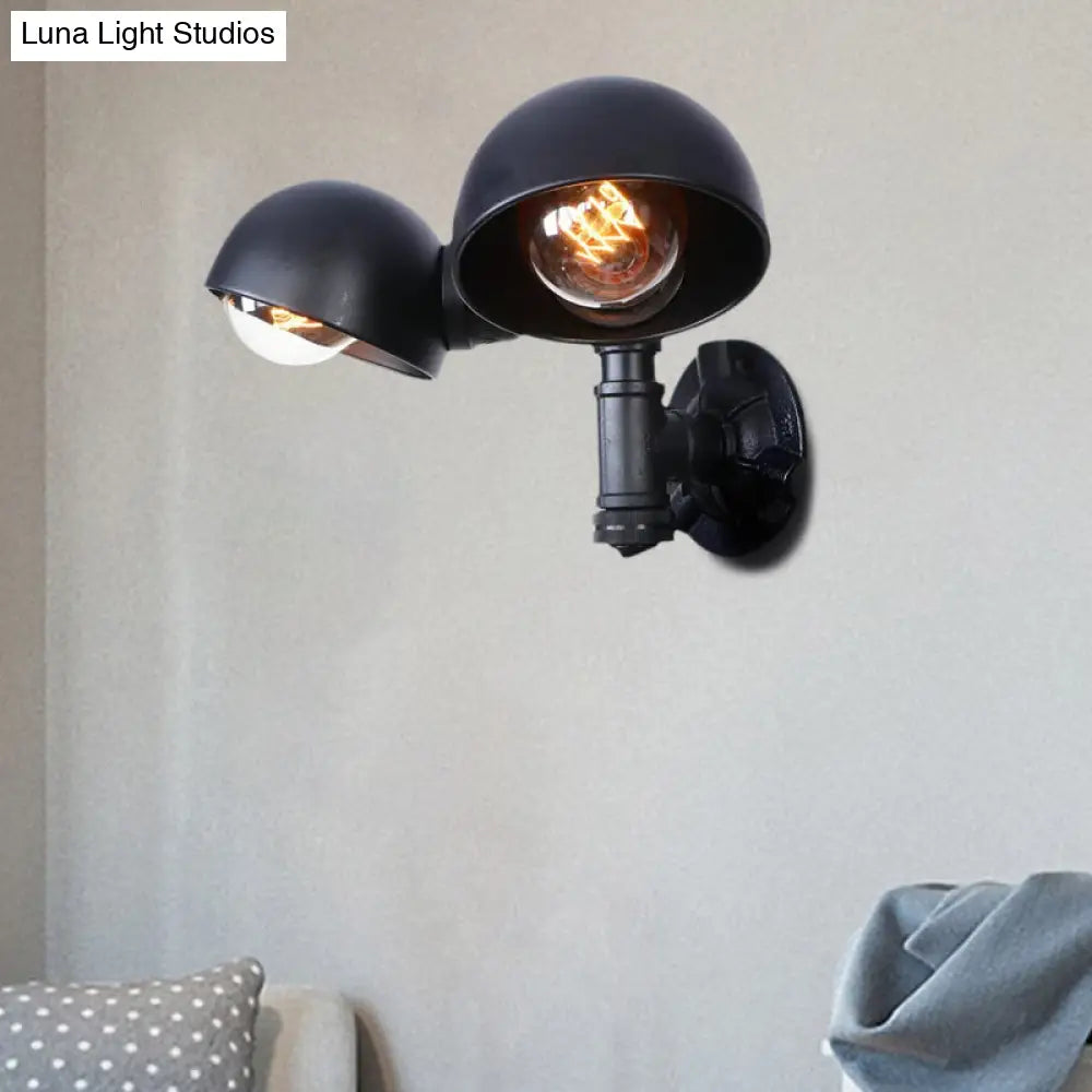 Industrial Style Black Wall Sconce Lamp With 2 Bulbs And Metallic Domed Design For Corridor