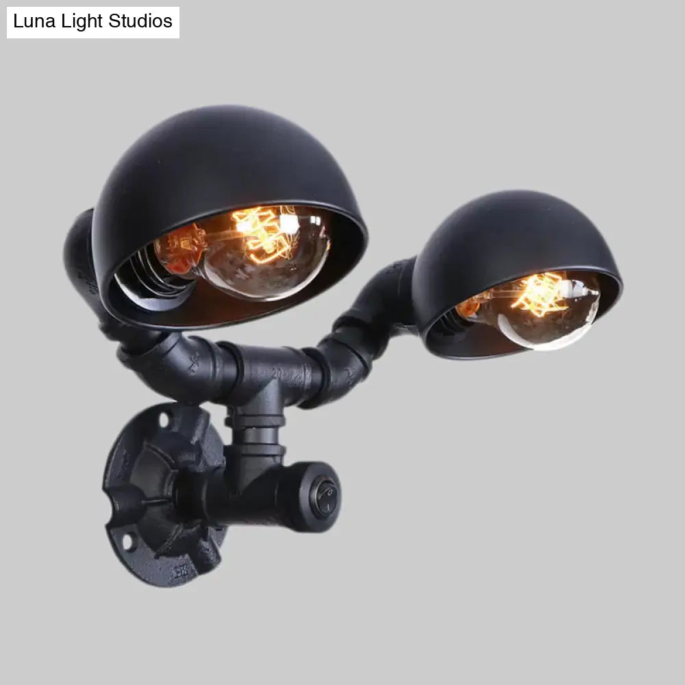 Industrial Style Black Wall Sconce Lamp With 2 Bulbs And Metallic Domed Design For Corridor