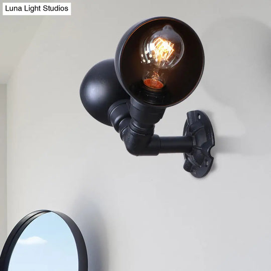 Industrial Style Black Wall Sconce Lamp With 2 Bulbs And Metallic Domed Design For Corridor