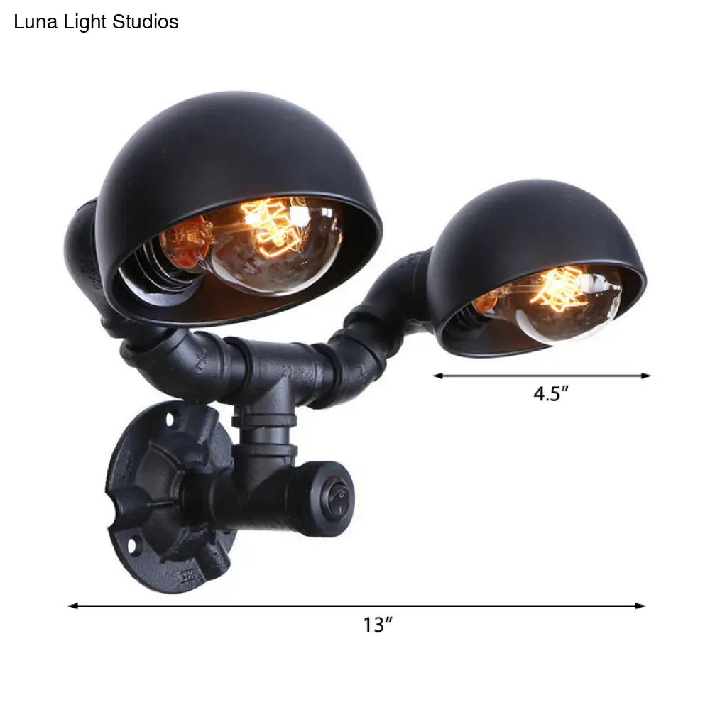 Industrial Style Black Wall Sconce Lamp With 2 Bulbs And Metallic Domed Design For Corridor