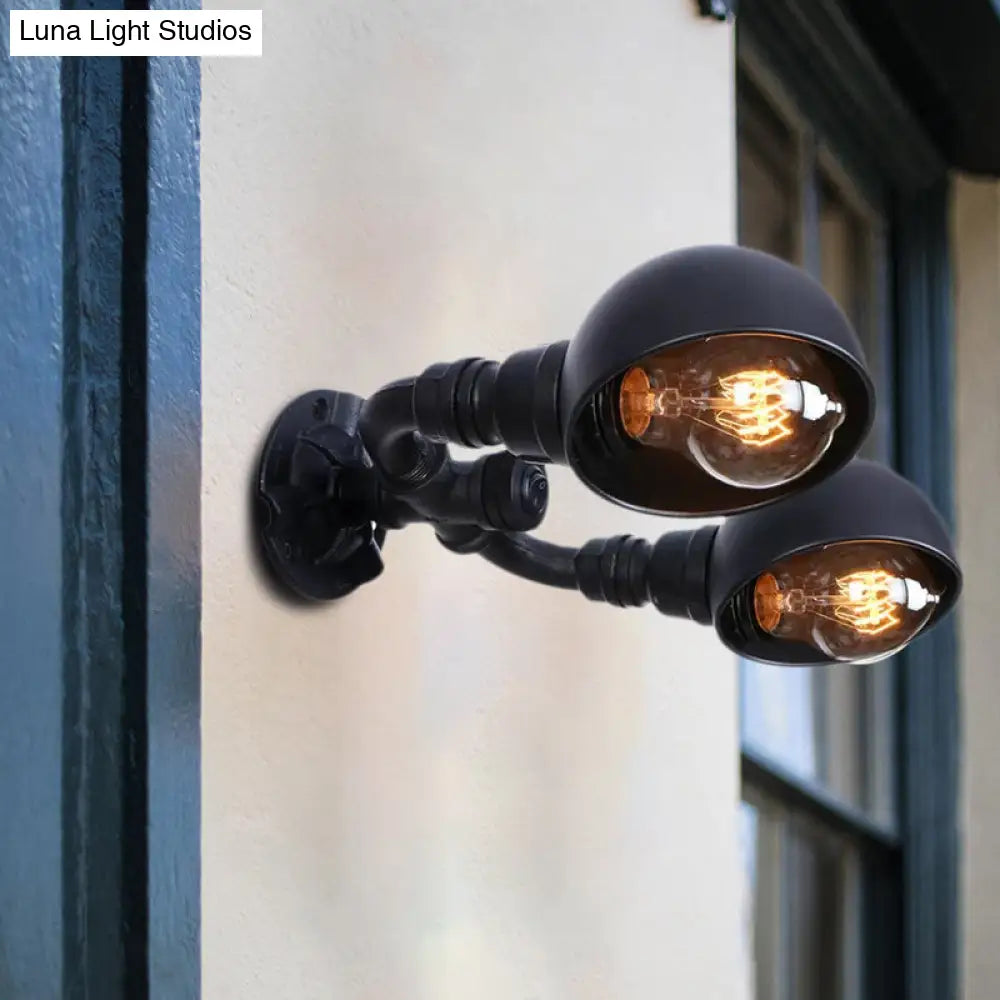 Industrial Style Black Wall Sconce Lamp With 2 Bulbs And Metallic Domed Design For Corridor