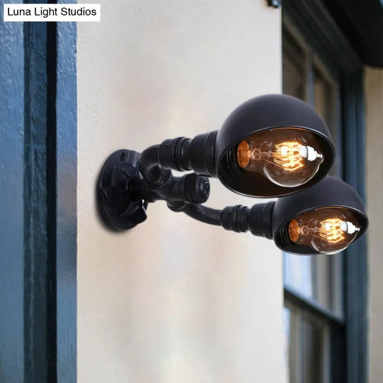 Industrial Style Black Wall Sconce Lamp With 2 Bulbs And Metallic Domed Design For Corridor