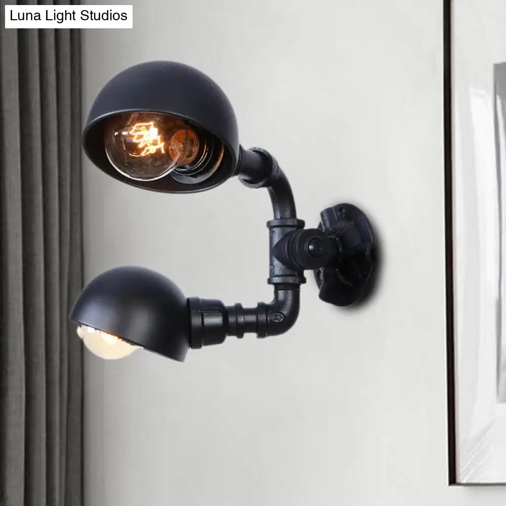 Industrial Style Black Wall Sconce Lamp With 2 Bulbs And Metallic Domed Design For Corridor