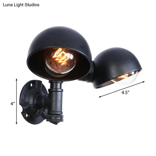 Industrial Style Black Wall Sconce Lamp With 2 Bulbs And Metallic Domed Design For Corridor