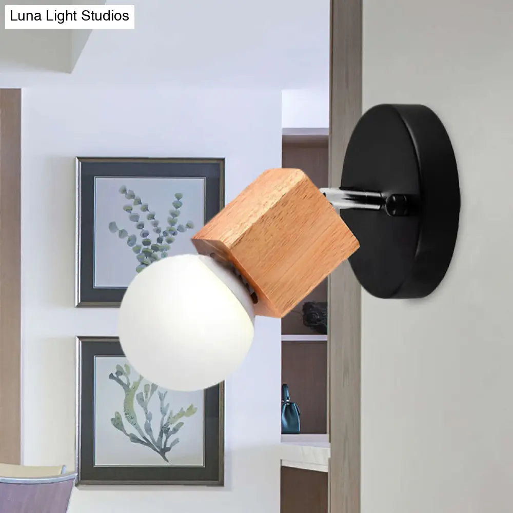 Industrial Style Black/White Wood Wall Sconce With Square Mount & Circular Backplate