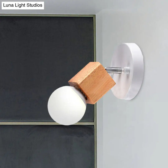 Industrial Style Black/White Wood Wall Sconce With Square Mount & Circular Backplate