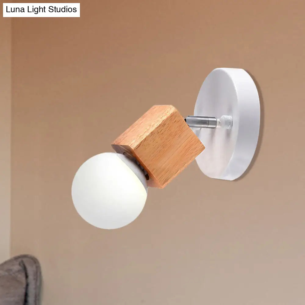 Industrial Style Black/White Wood Wall Sconce With Square Mount & Circular Backplate