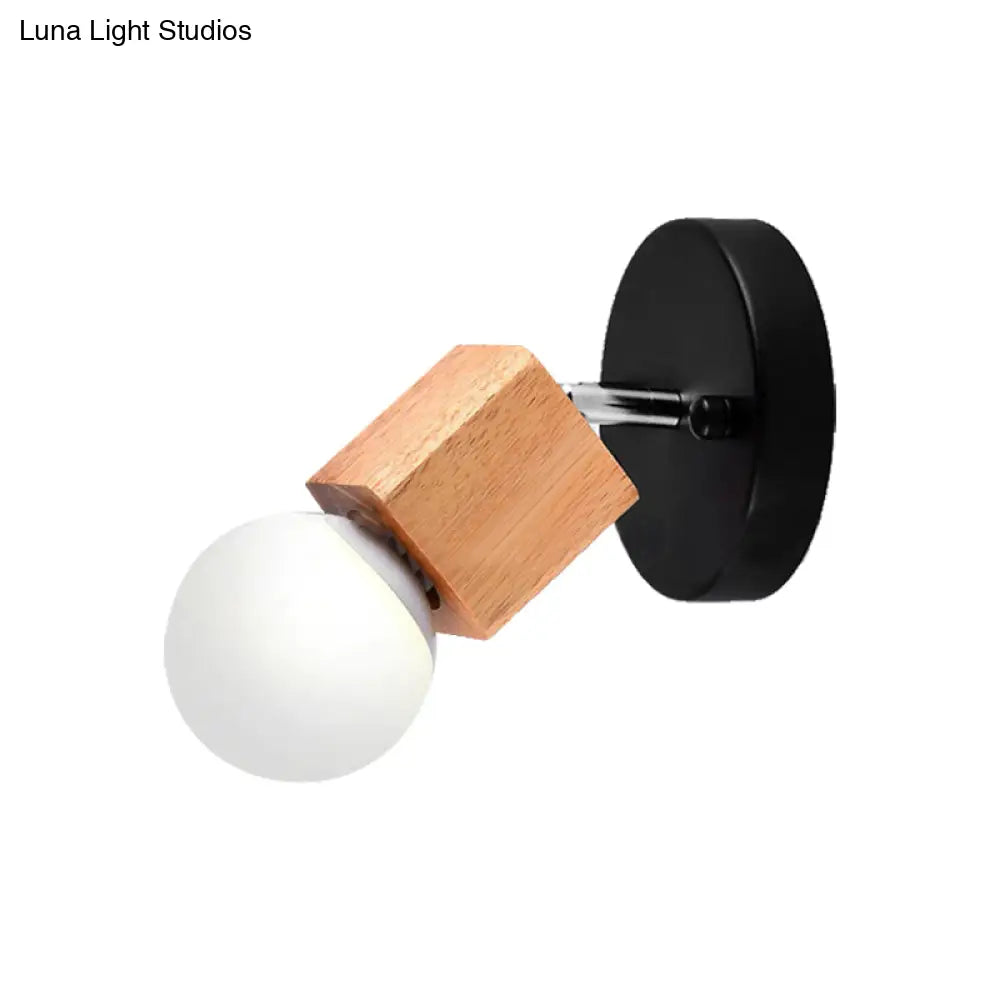 Industrial Style Black/White Wood Wall Sconce With Square Mount & Circular Backplate