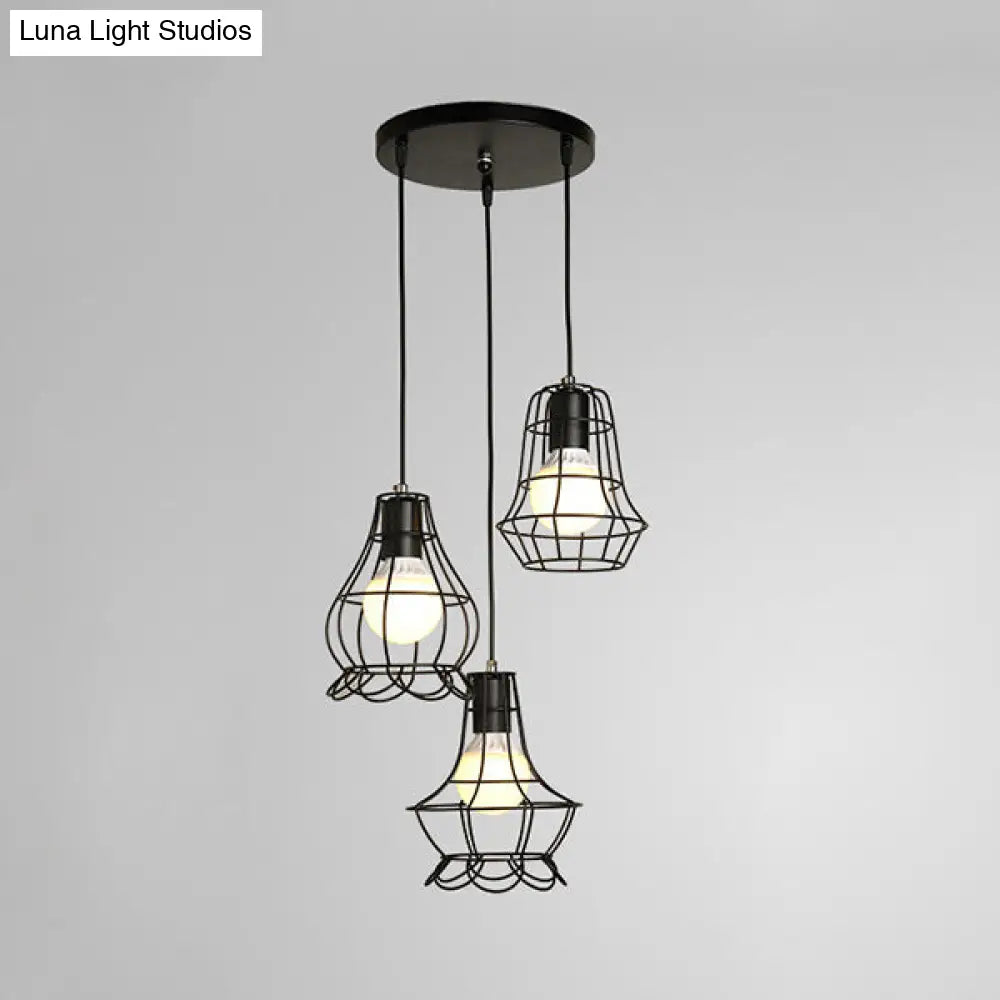 Industrial Style Black Wire Frame Ceiling Light With 3 Hanging Pendant Lights And Round/Linear