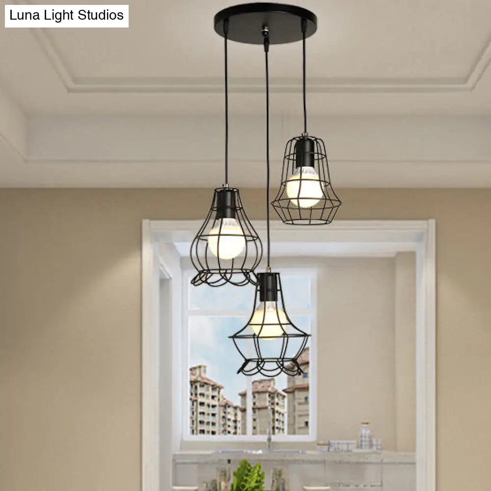 Industrial Style Black Wire Frame Ceiling Light With 3 Hanging Pendant Lights And Round/Linear