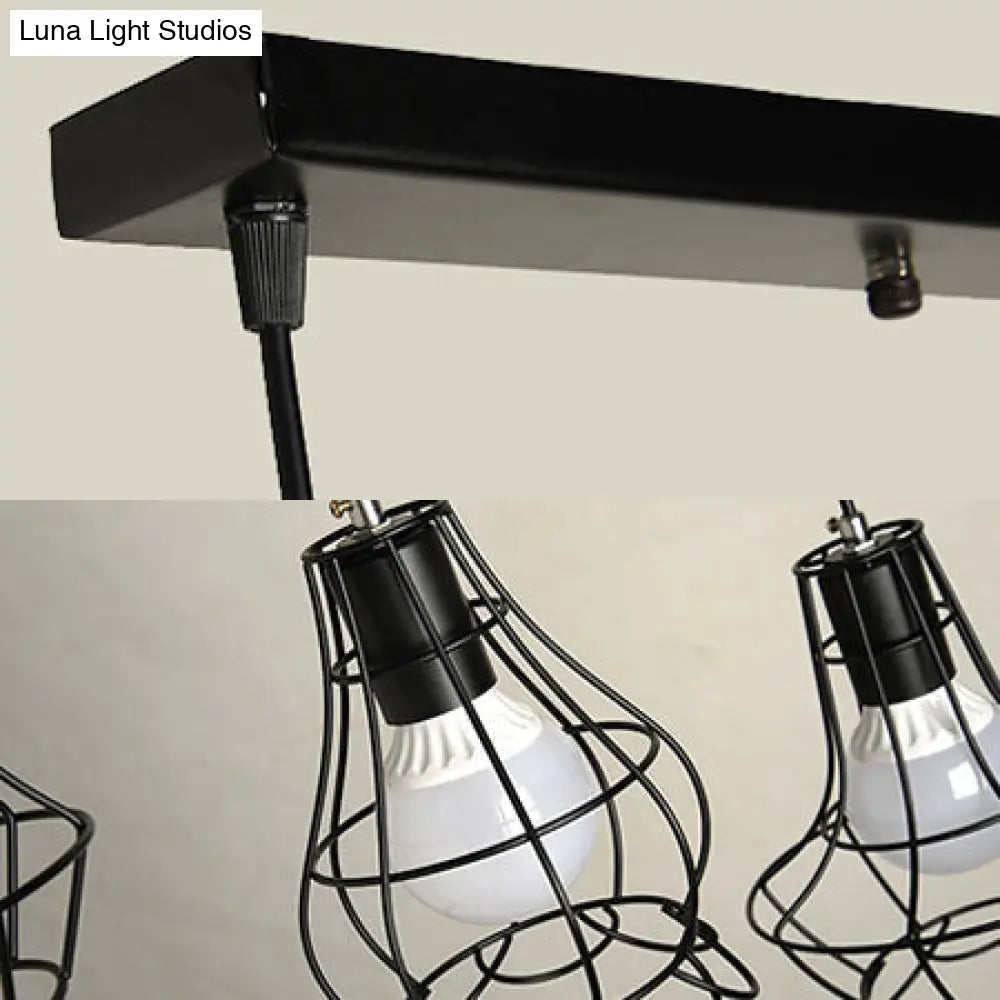 Industrial Style Black Wire Frame Ceiling Light With 3 Hanging Pendant Lights And Round/Linear