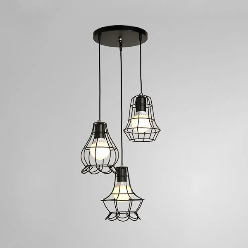 Industrial Style Black Wire Frame Ceiling Light With 3 Hanging Pendant Lights And Round/Linear