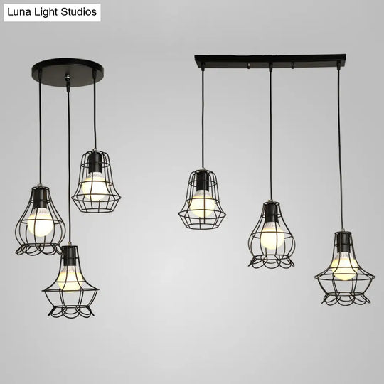 Industrial Style Black Wire Frame Ceiling Light With 3 Hanging Pendant Lights And Round/Linear