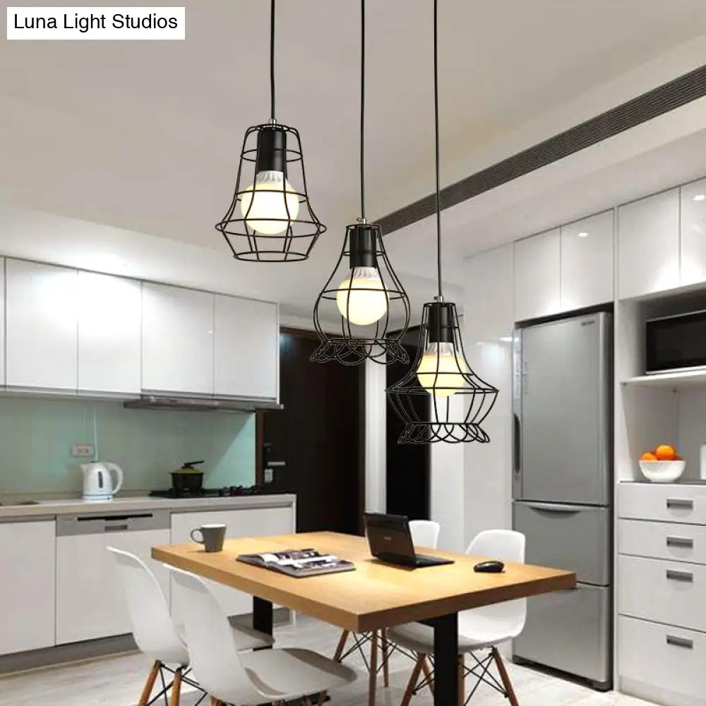 Industrial Style Black Wire Frame Ceiling Light With 3 Hanging Pendant Lights And Round/Linear