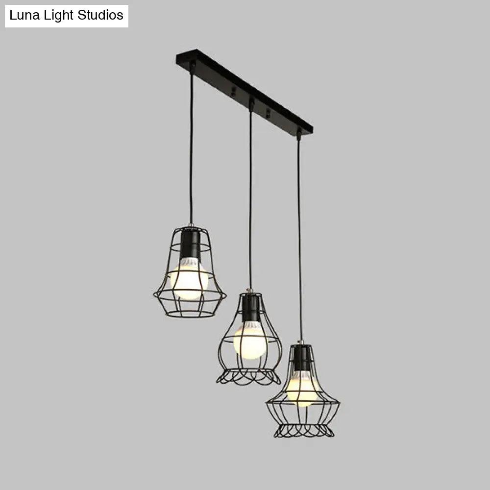 Industrial Style Black Wire Frame Ceiling Light With 3 Hanging Pendant Lights And Round/Linear