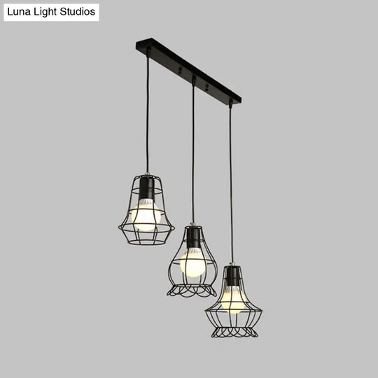 Industrial Style Black Wire Frame Ceiling Light With 3 Hanging Pendant Lights And Round/Linear