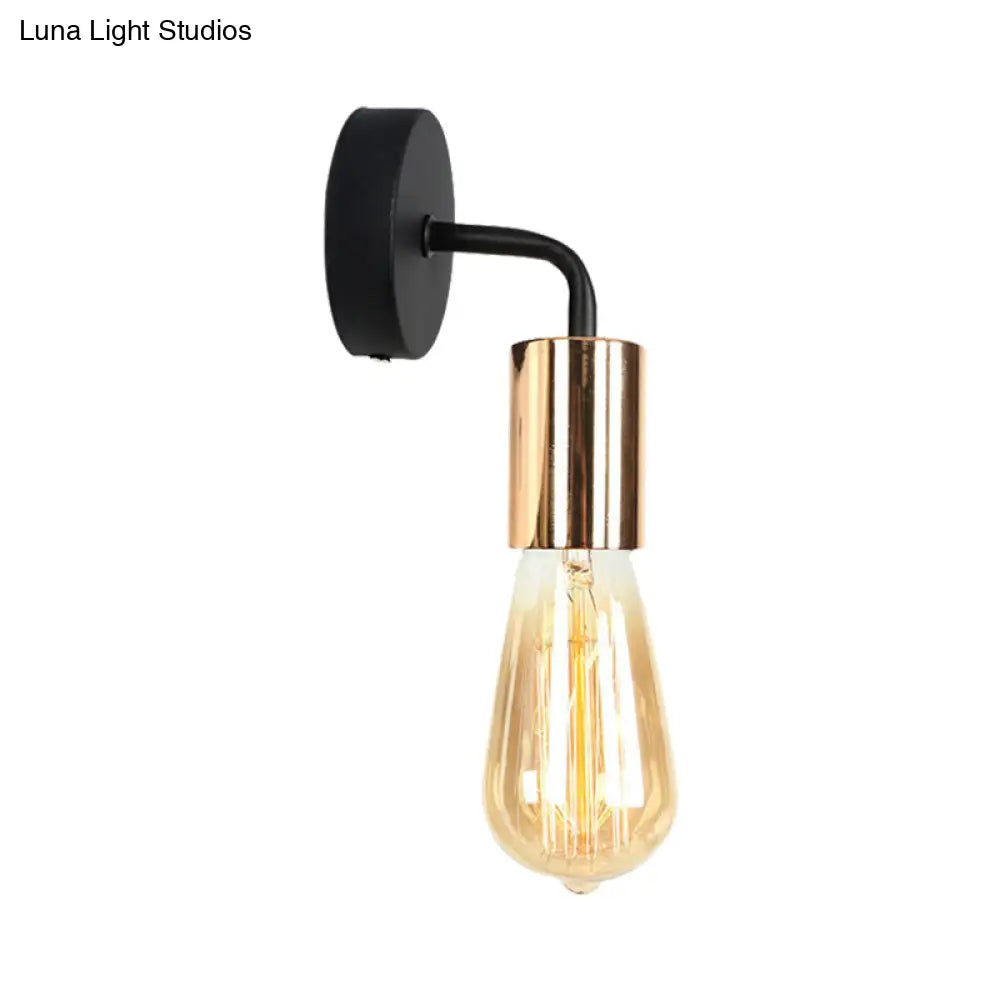 Industrial-Style Brass/Copper Open Bulb Sconce Light With Curved Arm - Metal Bedside Wall Lighting