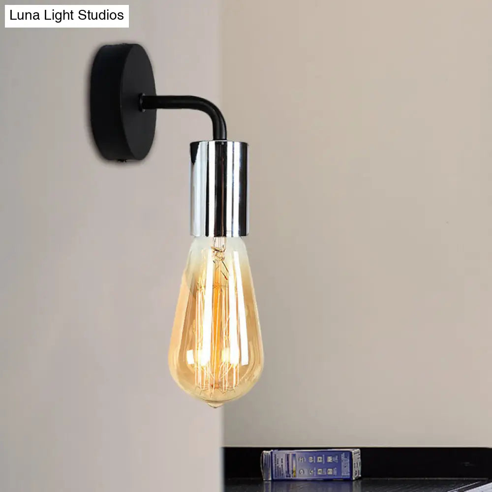 Industrial-Style Brass/Copper Open Bulb Sconce Light With Curved Arm - Metal Bedside Wall Lighting