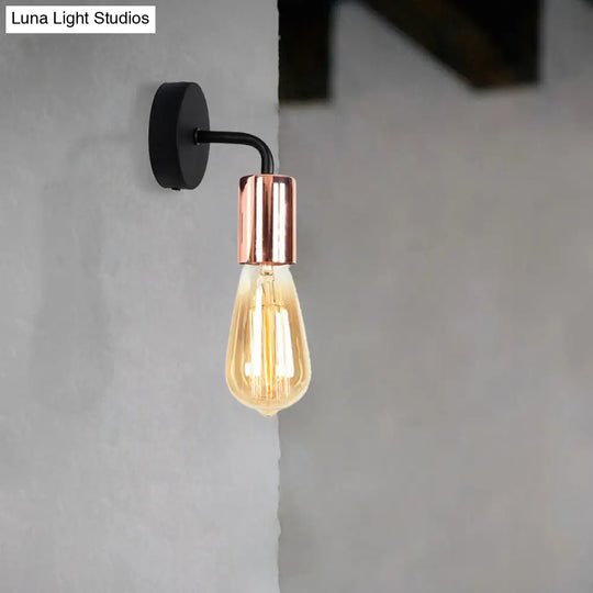 Industrial-Style Brass/Copper Open Bulb Sconce Light With Curved Arm - Metal Bedside Wall Lighting