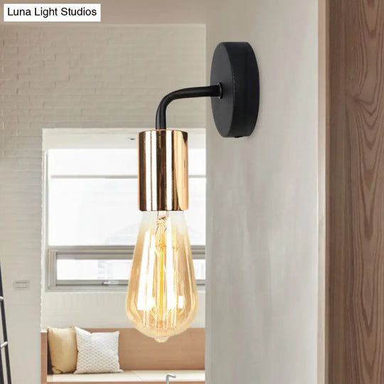 Industrial-Style Brass/Copper Open Bulb Sconce Light With Curved Arm - Metal Bedside Wall Lighting