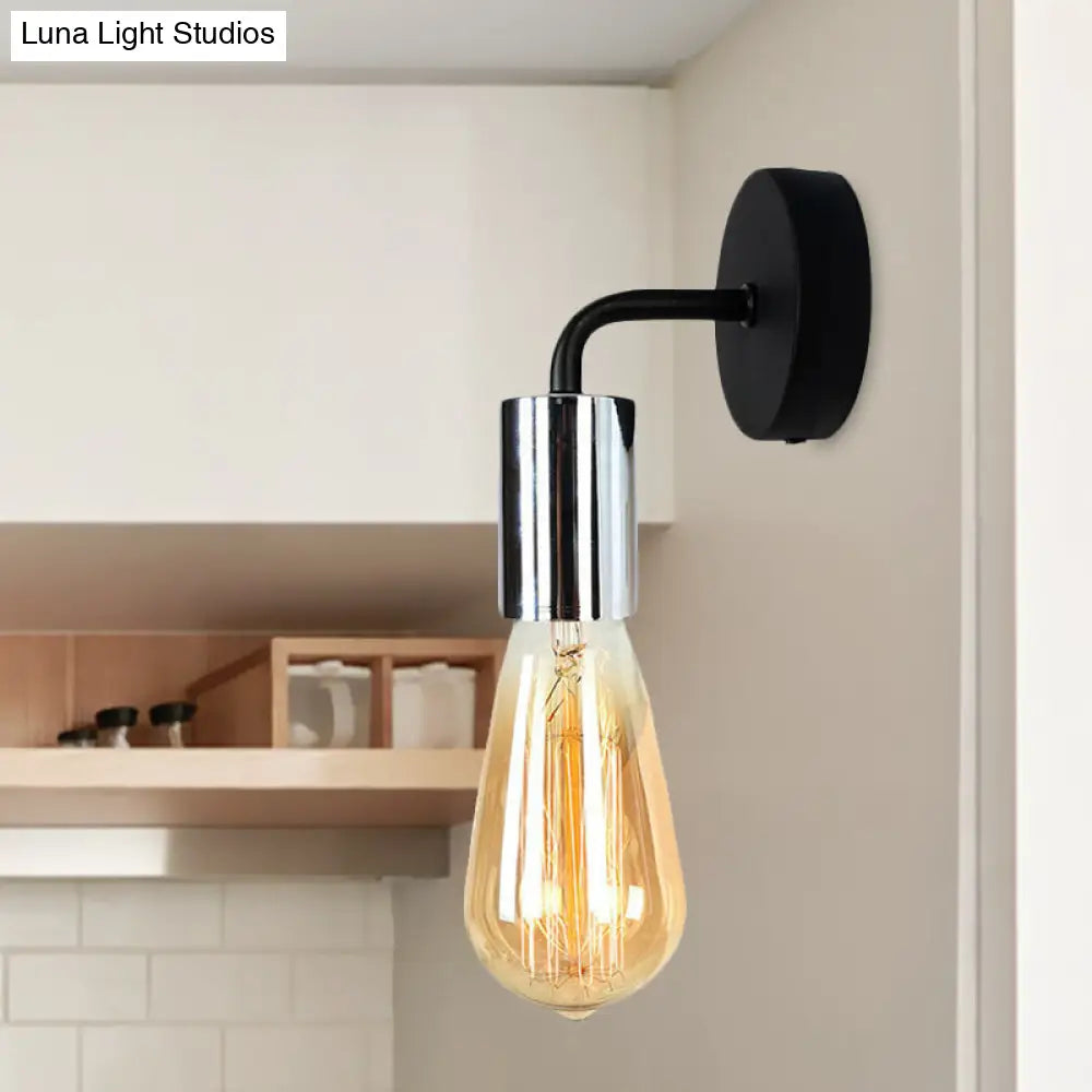 Industrial-Style Brass/Copper Open Bulb Sconce Light With Curved Arm - Metal Bedside Wall Lighting