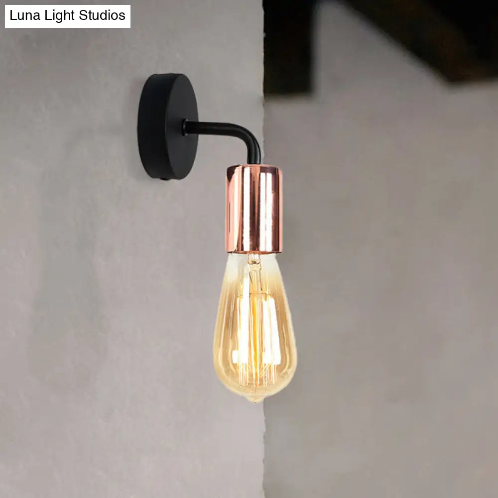 Industrial-Style Brass/Copper Open Bulb Sconce Light With Curved Arm - Metal Bedside Wall Lighting