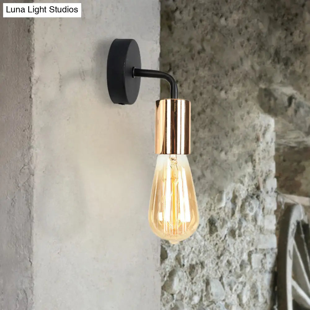 Industrial-Style Brass/Copper Open Bulb Sconce Light With Curved Arm - Metal Bedside Wall Lighting