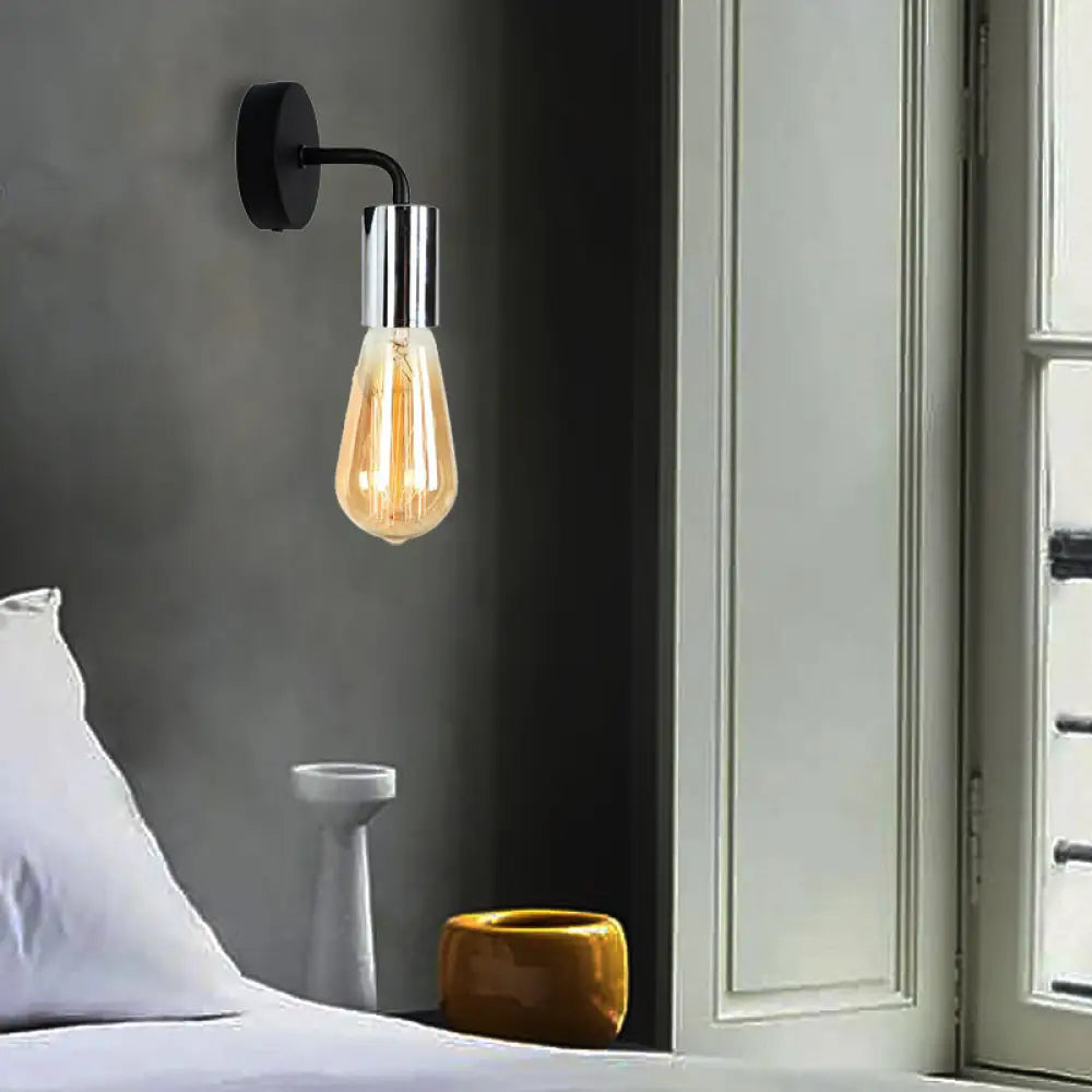 Industrial-Style Brass/Copper Open Bulb Sconce Light With Curved Arm - Metal Bedside Wall Lighting