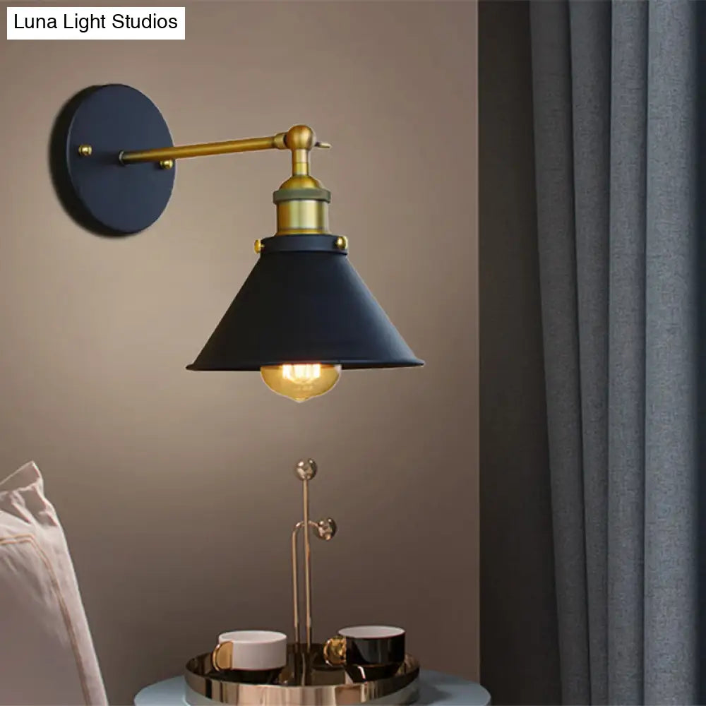 Industrial Style Brass Metal Wall Sconce 1 Light Conical Mounted Lamp For Living Room 7/10 Width