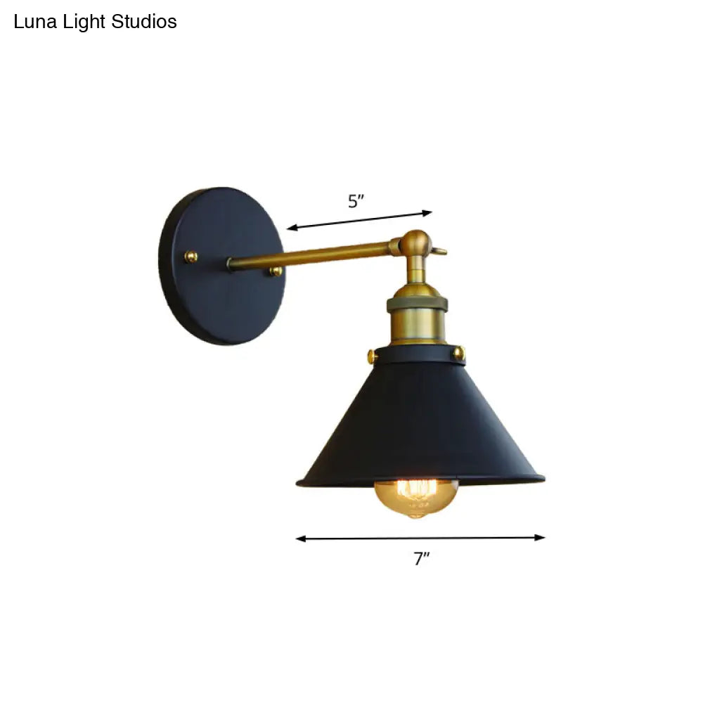 Industrial Style Brass Metal Wall Sconce 1 Light Conical Mounted Lamp For Living Room 7/10 Width