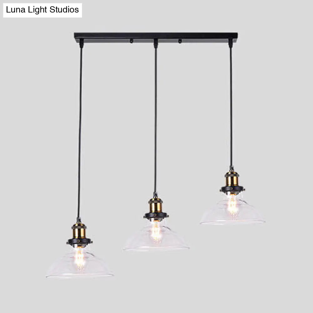 Industrial Style Brass Pendant Light Kit With Round/Barn/Admix Clear Glass Shades - 3-Light Hanging