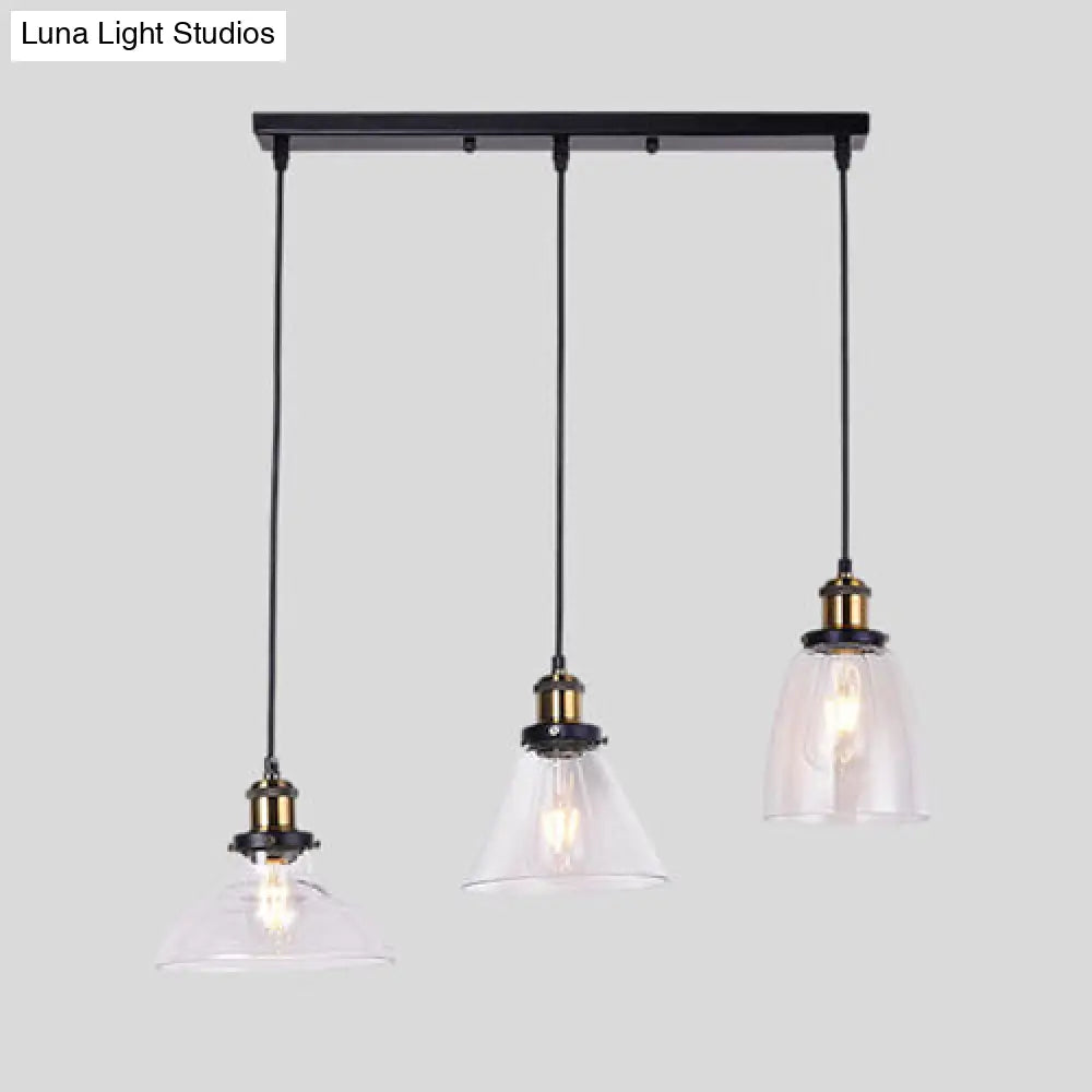 Industrial Style Brass Pendant Light Kit With 3-Light Round/Barn/Admix Design Clear Glass Hanging