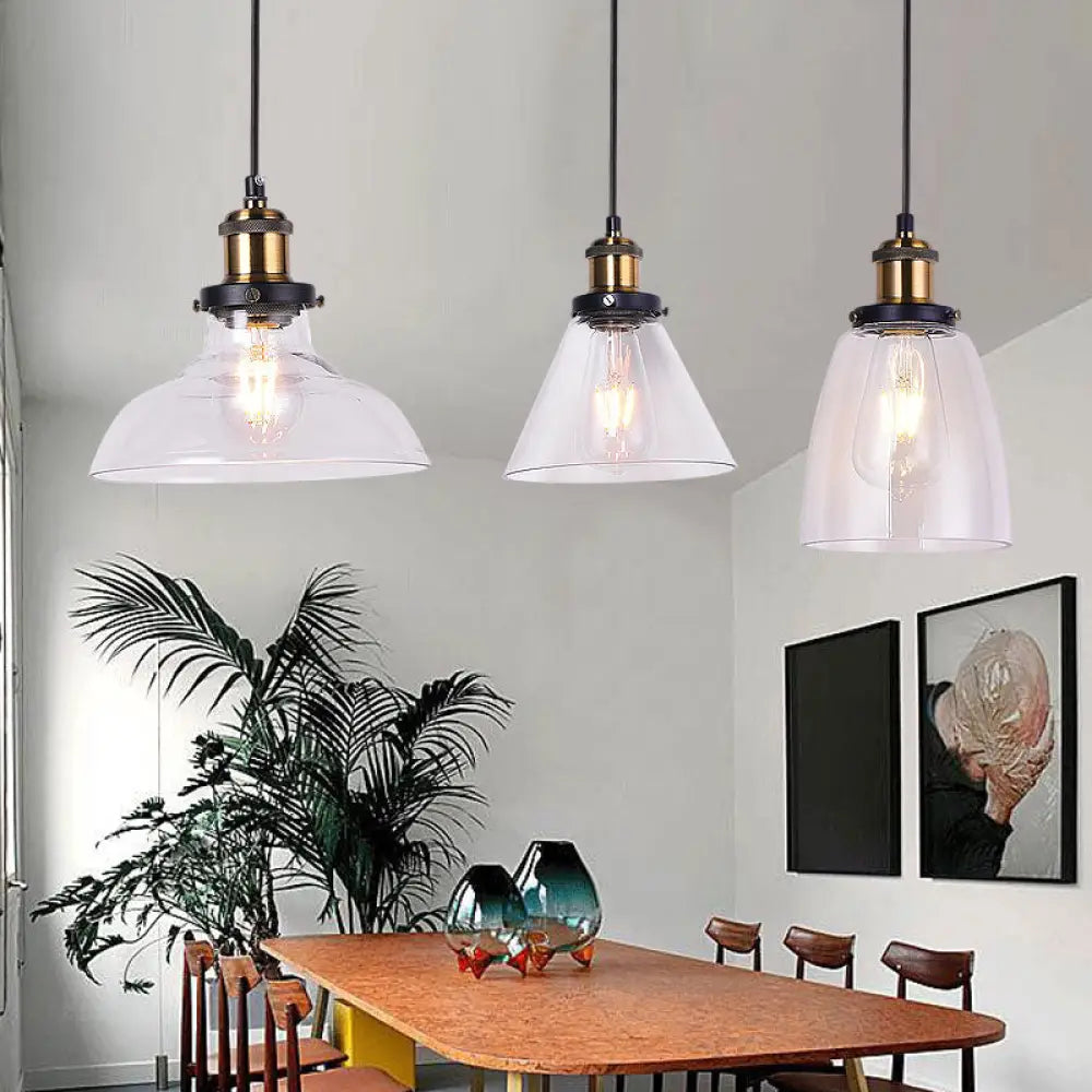 Industrial Style Brass Pendant Light Kit With 3-Light Round/Barn/Admix Design Clear Glass Hanging