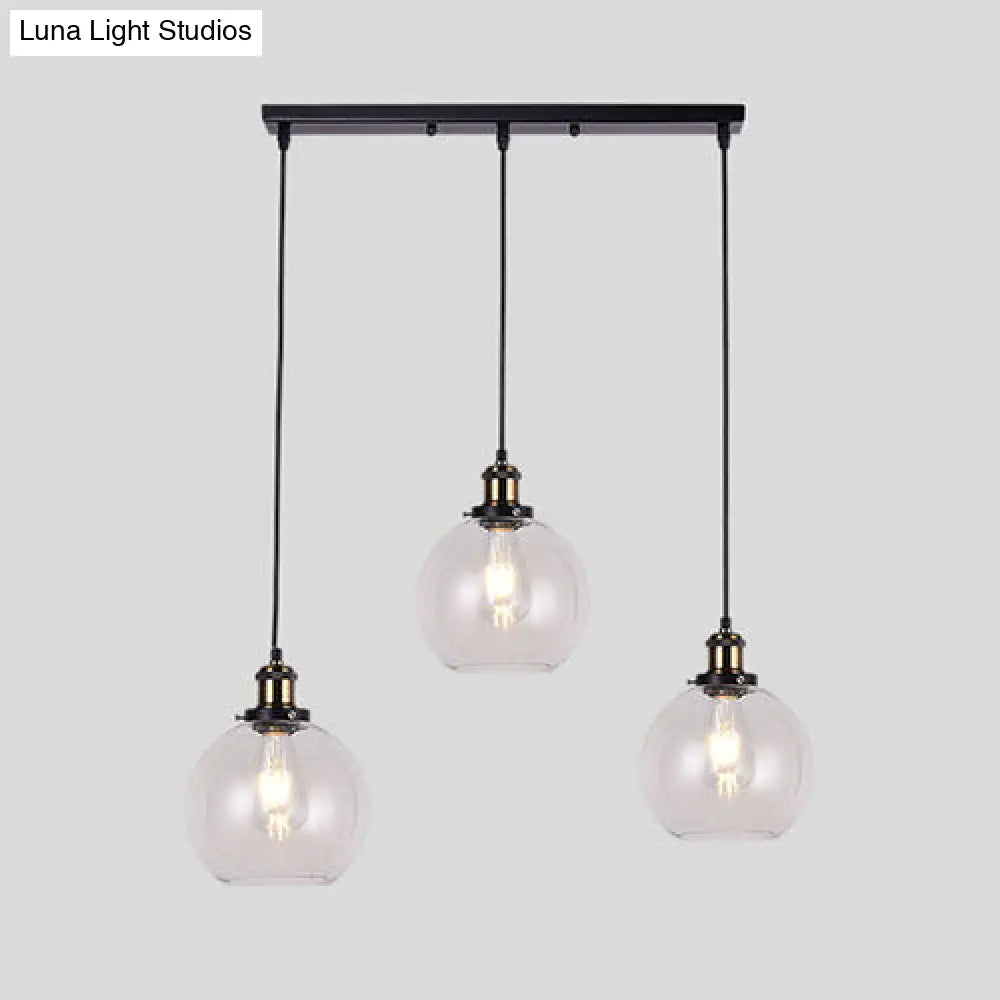 Industrial Style Brass Pendant Light Kit With Round/Barn/Admix Clear Glass Shades - 3-Light Hanging