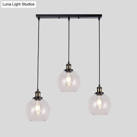 Industrial Style Brass Pendant Light Kit With Round/Barn/Admix Clear Glass Shades - 3-Light Hanging