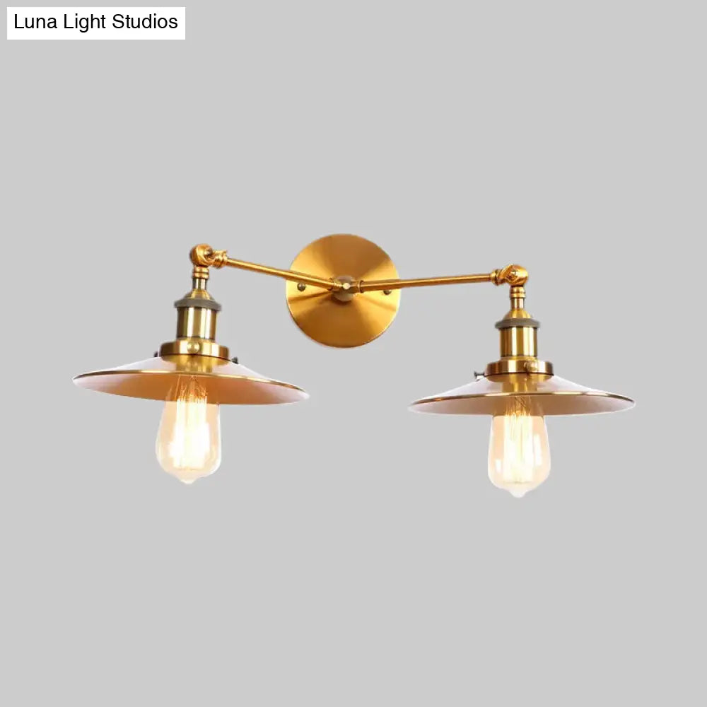 Industrial Style Brass/Rust Metal Wall Mount Fixture With Flat Shade For Corridor - Set Of 2 Bulbs