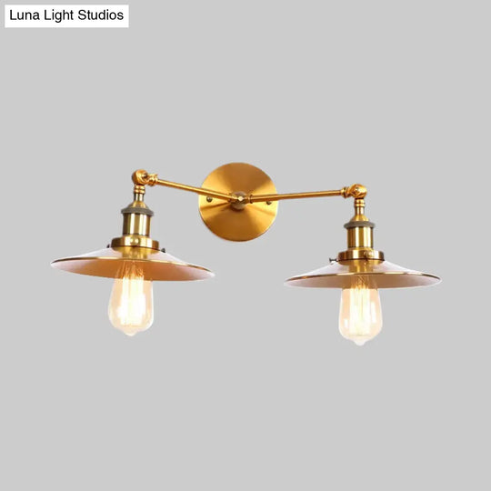 Industrial Style Brass/Rust Metal Wall Mount Fixture With Flat Shade For Corridor - Set Of 2 Bulbs