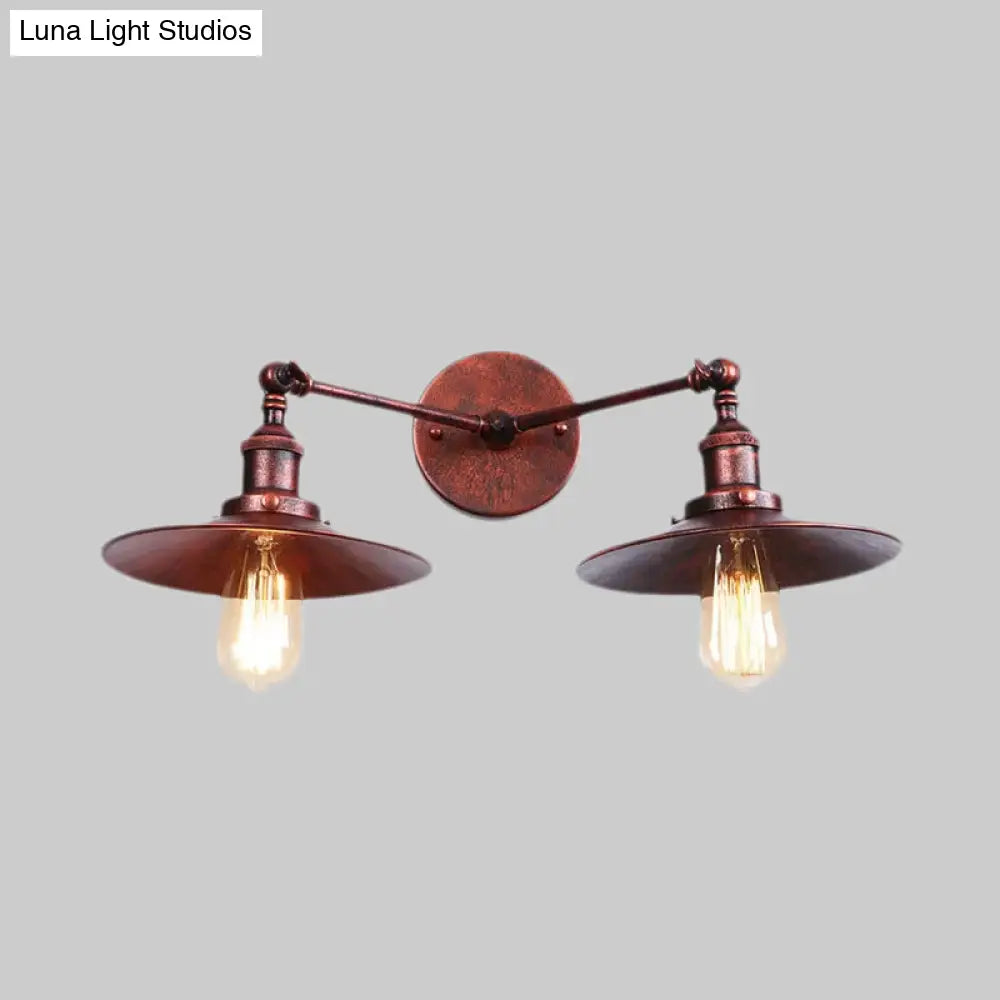 Industrial Style Brass/Rust Metal Wall Mount Fixture With Flat Shade For Corridor - Set Of 2 Bulbs