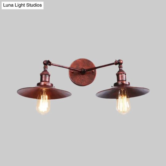 Industrial Style Brass/Rust Metal Wall Mount Fixture With Flat Shade For Corridor - Set Of 2 Bulbs