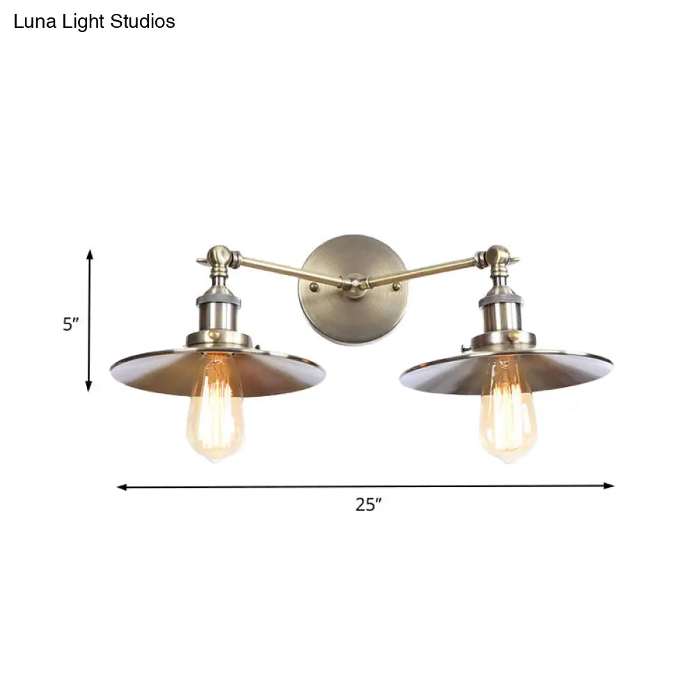 Industrial Style Brass/Rust Metal Wall Mount Fixture With Flat Shade For Corridor - Set Of 2 Bulbs