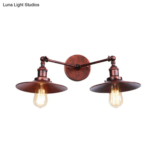 Industrial Style Brass/Rust Metal Wall Mount Fixture With Flat Shade For Corridor - Set Of 2 Bulbs