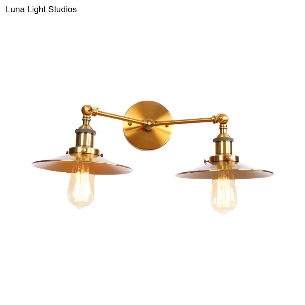 Industrial Style Brass/Rust Metal Wall Mount Fixture With Flat Shade For Corridor - Set Of 2 Bulbs