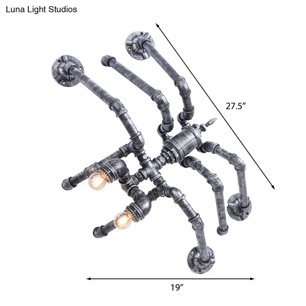 Industrial Style Bronze/Silver Water Pipe Wall Lamp With Spider Design - 2 Bulbs Iron Mount Lighting