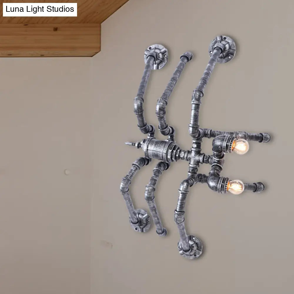 Industrial Style Bronze/Silver Water Pipe Wall Lamp With Spider Design - 2 Bulbs Iron Mount Lighting