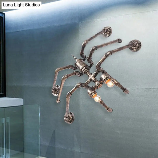 Industrial Style Bronze/Silver Water Pipe Wall Lamp With Spider Design - 2 Bulbs Iron Mount Lighting